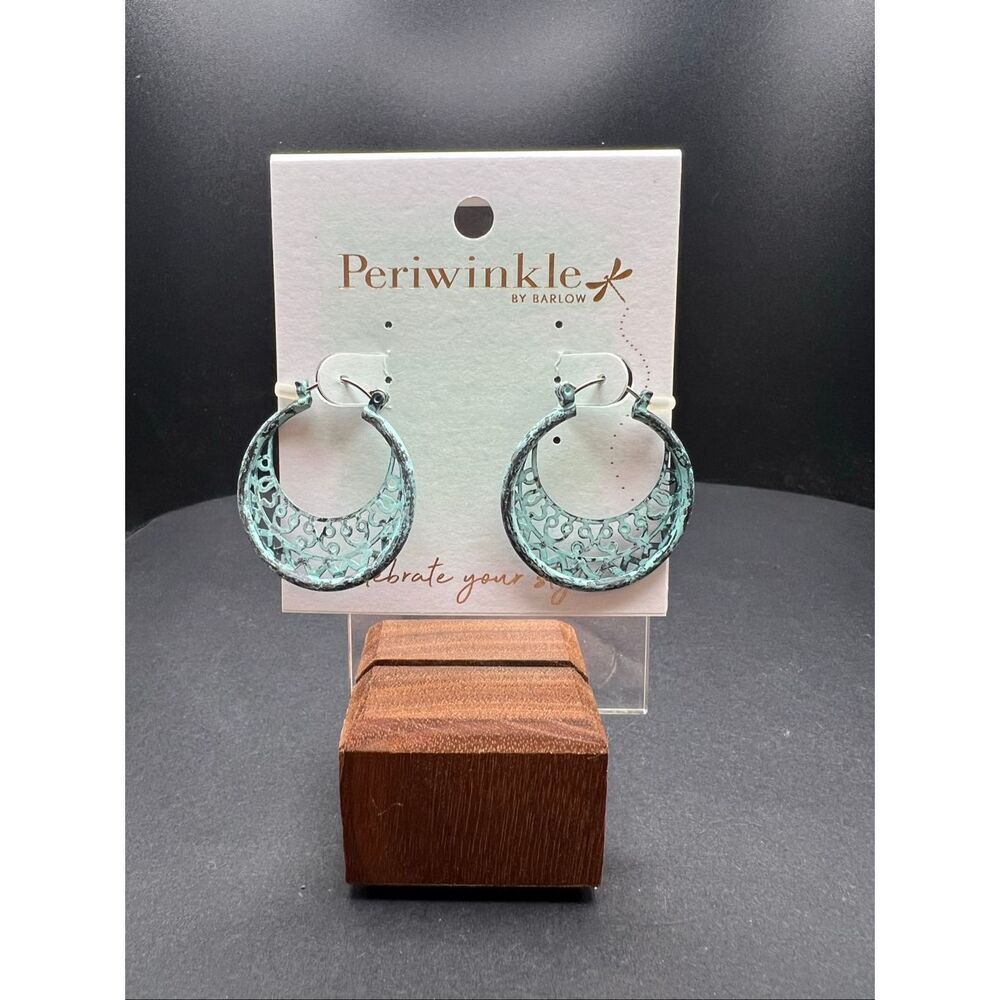Periwinkle By Barlow Teal Blue Green Filigree Patina Crescent Hoop Earrings